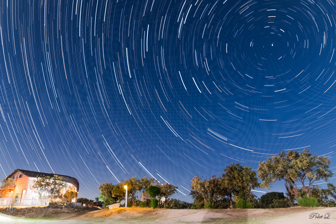Star trail effect over a rural landscape with trees and a building.
