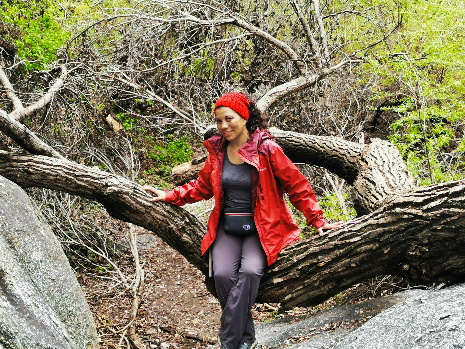 Polet Q in a red jacket and hat sitting on a large fallen tree in a forest during a hike.