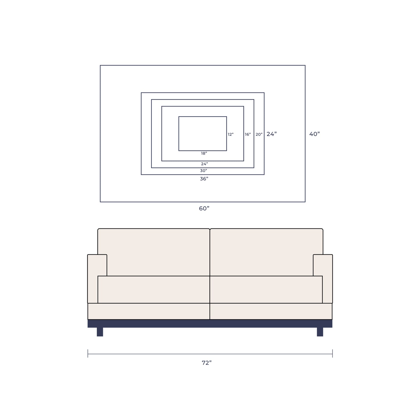 Technical drawing of a sofa and the Artymundus wall art in landscape orientation on a white background