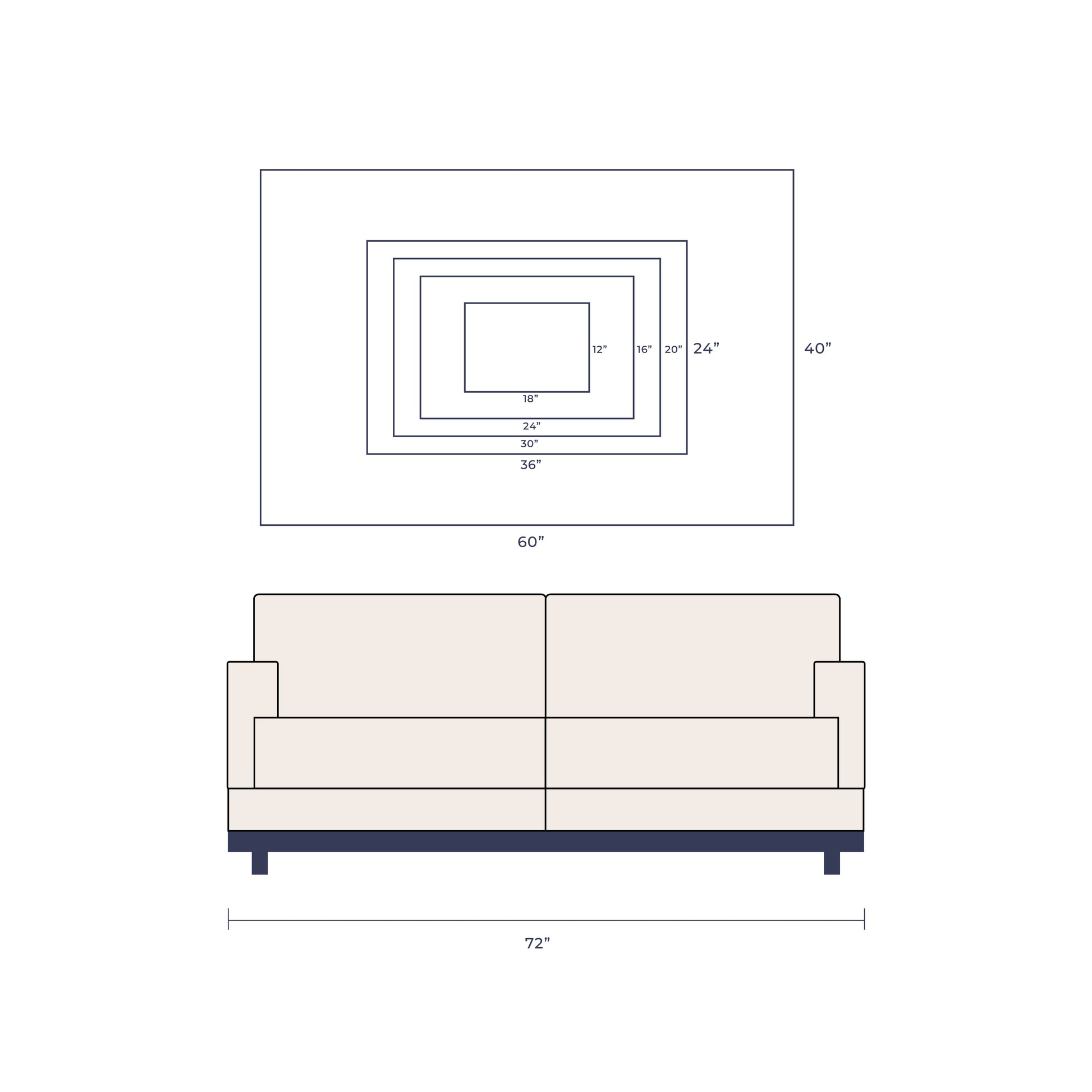 Technical drawing of a sofa and the Artymundus wall art in landscape orientation on a white background