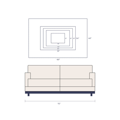 Technical drawing of a sofa and the Artymundus wall art in landscape orientation on a white background