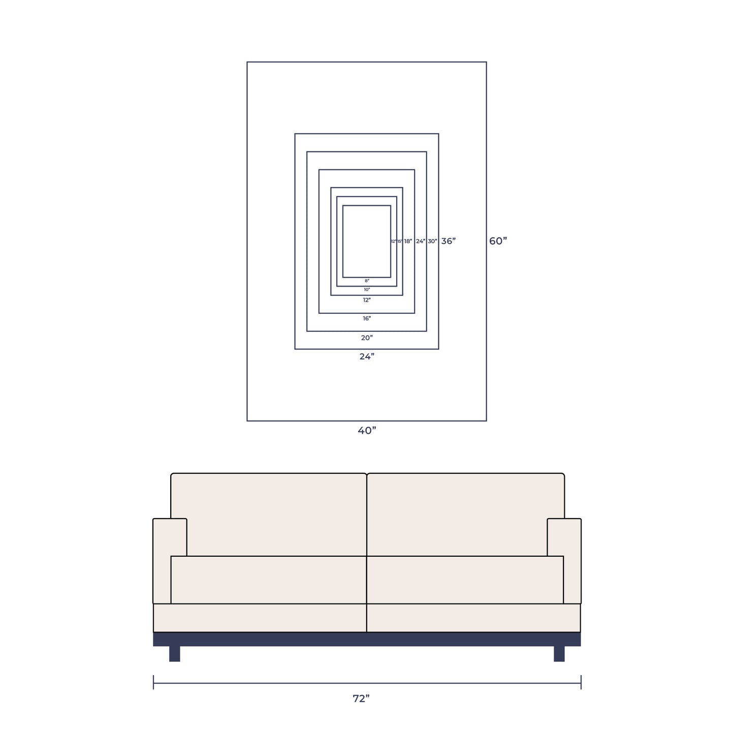 Technical drawing of a sofa and the Artymundus wall art in portrait orientation on a white background