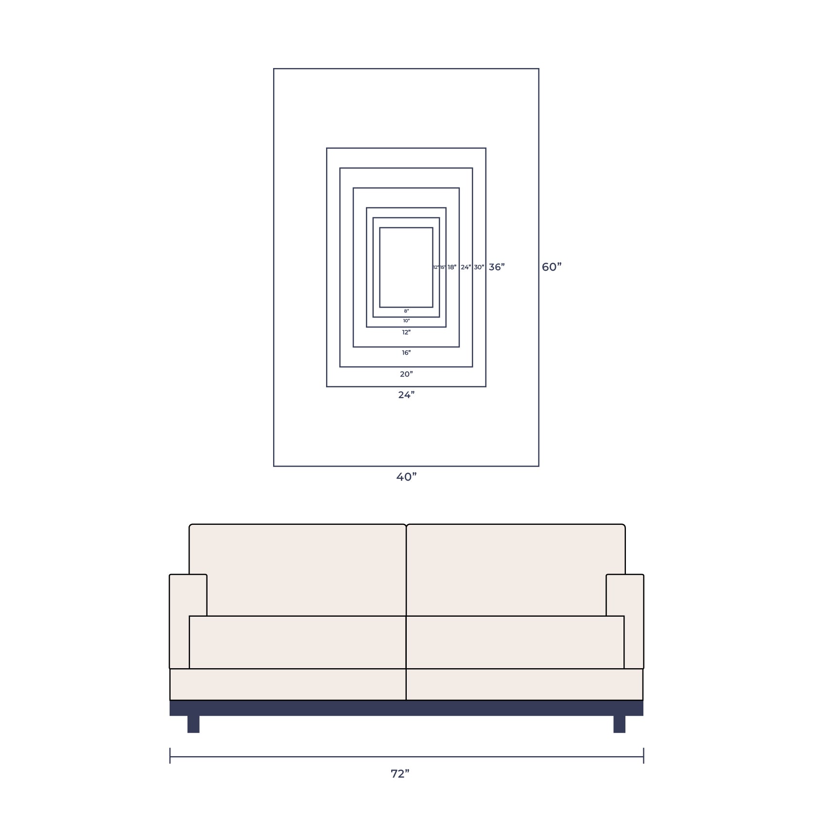 Technical drawing of a sofa and the Artymundus wall art in portrait orientation on a white background