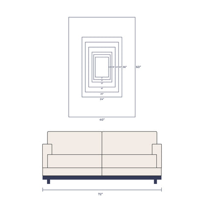 Technical drawing of a sofa and the Artymundus wall art in portrait orientation on a white background